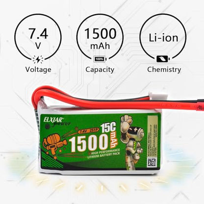 (2-Pack) 7.4V 1500mAh Battery for WLTOYS A959-B, A969-B, A979-B | Fits K929-B, 144001, 12401, 9200, 9200E, 300E, YC200 and HM123 RC vehicles; T-head connector and 2 USB chargers.