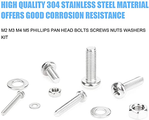 DYWISHKEY 1220 PCS M2 M3 M4 M5, 304 Stainless Steel Phillips Pan Head Screws Nuts Washers Assortment Kit - color: bright silver