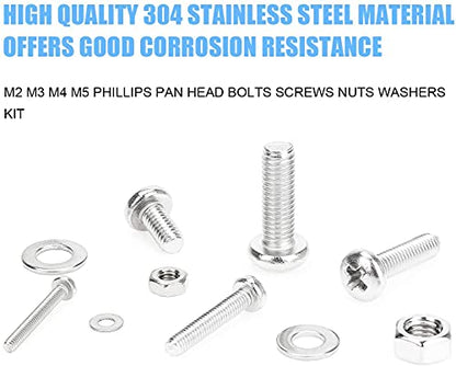 DYWISHKEY 1220 PCS M2 M3 M4 M5, 304 Stainless Steel Phillips Pan Head Screws Nuts Washers Assortment Kit - color: bright silver