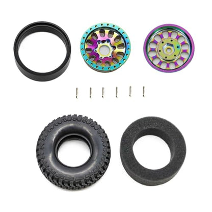 1.3” Brass Beadlock Wheels & All-Terrain Tires Set for 1/18 1/24 RC Crawler TRX4M, Axial SCX24 / AX24, Redcat Ascent-18, FMS FCX24, -5.40mm Offset, 7mm Hex, 4 pcs, Iridescent Green - color: Iridescent-green