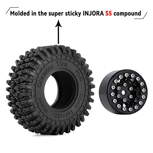 INJORA 1.0 Beadlock Wheel and Tire for 1/18 1/24 RC Crawler, 57*22mm(Black) - color: Black