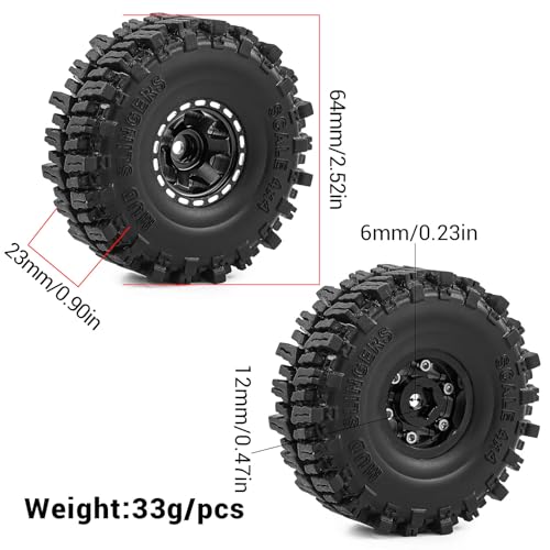 1.0" Beadlock Aluminum Wheels and 64mm Soft Rubber Tires | for SCX24, TRX4M, Ascent 18, FCX24, 1/18 1/24 RC Crawler, 7mm Hex, 0mm Offset, with Foam Inserts, (Black) - color: Black