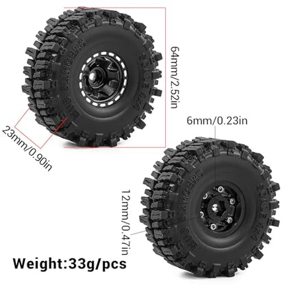 1.0" Beadlock Aluminum Wheels and 64mm Soft Rubber Tires | for SCX24, TRX4M, Ascent 18, FCX24, 1/18 1/24 RC Crawler, 7mm Hex, 0mm Offset, with Foam Inserts, (Black) - color: Black