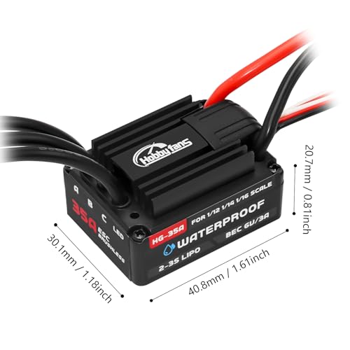 Brushless HG-35A Waterproof ESC Electric Speed Controller for Traxxas E-REVO Losi JRX2 H16BM H16DR Redcat Volcano 16 Arrma Typhon Grom Mojave Grom 1/14 1/16 1/18 RC Car (Black)