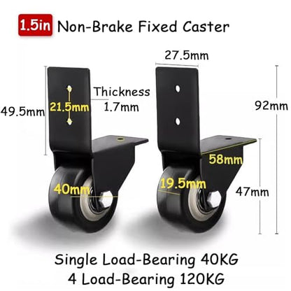 4 Pack Side Mount Casters Wheels,1.5in L-Shaped Directional Castor Wheel | PU Rubber Silent Roller,Heavy-Duty Furniture Moving Wheels Load-Bearing 120kg/265lbs for Beds Cabinets Tables