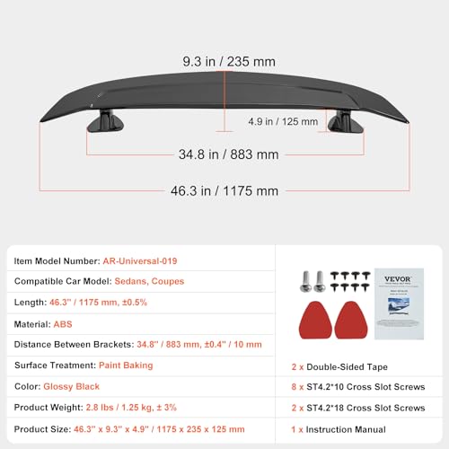 VEVOR GT Wing Car Spoiler, 46.3 inch Universal Spoiler, Compatible with Most Sedans and Coupes, High Strength ABS Material, Car Rear Spoiler Wing, Racing Spoiler BGW/JDM Drift Glossy Black - size: 46.3 Inch, style: ABS