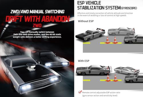 RC Drift Car 1/10 70KM/H Hobby Grade Racing Car Brushless 2.4G Full Proportional Retro Flat On-Road Racing LED Searchlight RC Vehicle 4WD ESC Metal Chassis ESP Gyro Truck for Adult (Black) - color: Black