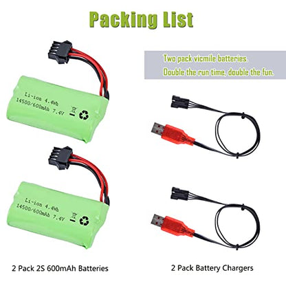 7.4V Li-ion Battery 600mAh 2S Rechargeable with SM-4P Plug and USB Battery Charger Fit for Most Water Ball Blaster RC Car Trucks Battery 2PACK