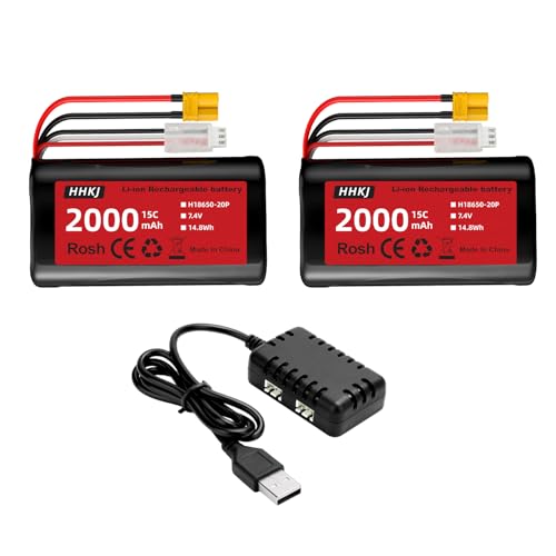 Li-ion Battery 7.4V 2000mAh with XT-30 Plug 2S Rechargeable RC Battery Suitable for 4WD High Speed RC Cars and Most 1/12, 1/16, 1/18 Scale RC Cars Trucks with 1 to 2 Charger
