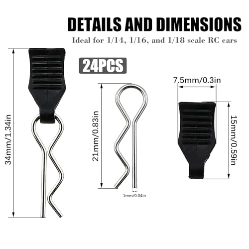 24pcs 1mm Universal Remote Control Body Clips with Pull Tabs, Compatible with All 1/14 1/16 1/18 Scale SCX24 ruck Buggy Shell Replacement Parts