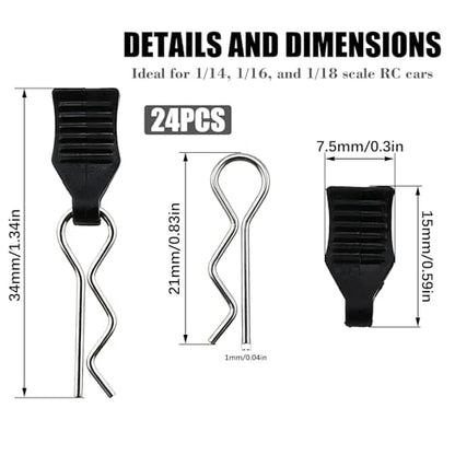 24pcs 1mm Universal Remote Control Body Clips with Pull Tabs, Compatible with All 1/14 1/16 1/18 Scale SCX24 ruck Buggy Shell Replacement Parts