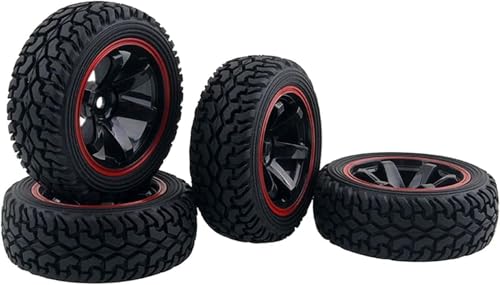 4PCS 75mm Rubber Tires and 6Spokes Plastic Wheel Rims Tyre for 1/10 RC On-Road Drift Racing Car 1:14 1:16 Rally Car for Tamiya Kyosho HPI HSP TT02 Upgrades Parts (Black Red) - color: Black Red