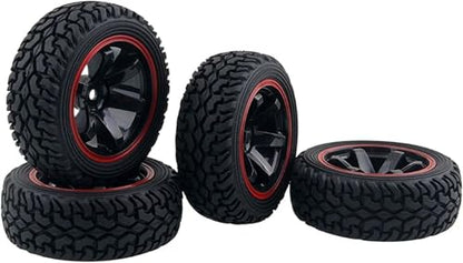 4PCS 75mm Rubber Tires and 6Spokes Plastic Wheel Rims Tyre for 1/10 RC On-Road Drift Racing Car 1:14 1:16 Rally Car for Tamiya Kyosho HPI HSP TT02 Upgrades Parts (Black Red) - color: Black Red