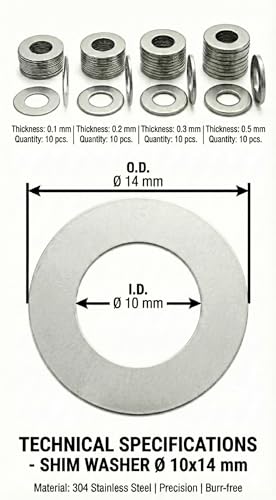 Shim Washers Stainless Steel Assortment 10x16 Precision Spacer Kit for Bearings Gearboxes CNC and RC. 40 Pieces 10 Units x 0.1/0.2/0.3/0.5 mm Deburred Flat Tight Tolerance Professional Use - size: 10x16