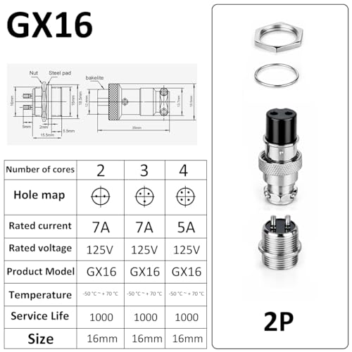 Clyxgs 2-Core Aviation Plug Connector Male Female 16mm Panel Mount Metal Wire Adapter 10PCS - style: GX16-2-10