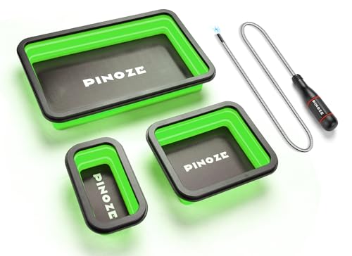 PINOZE Collapsible Magnetic Parts Organizer Trays & 12" Flexible Magnetic Pickup Tool, 3 Different Size Magnet Tool Trays & Pick-Up Sweeper for Screw, Bolts, Nuts, Washers, Pins and Metal Parts, Green - color: Green