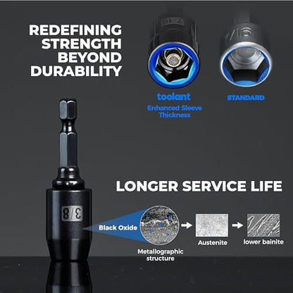 toolant Magnetic Nut Driver Set, SAE, 7-Piece | Five SAE nut driver sizes, short and long socket adapters, telescopic magnetic adapters, impact-driver use - style: Interchange Nut Driver