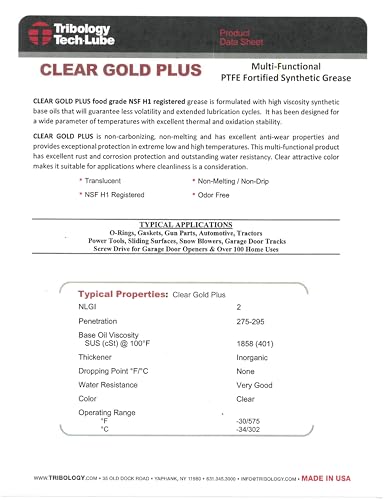 TTL Clear Gold Plus PTFE Grease, Clear, 3.5 oz – NSF H1 Food Grade Multi-Purpose Lubricant for O-Rings, Bearings, Garage Doors, Power Tools, Automotive, 3D Printers – Non-Melt, Rust Resistant