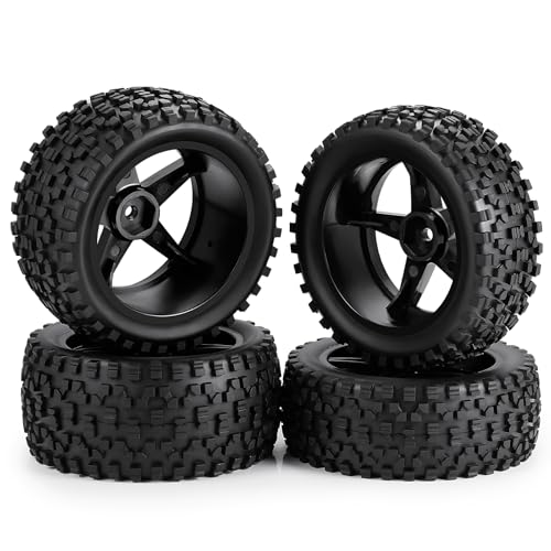 4Pack 12mm Hex Wheel 5 Spoke Rims High Grip Rubber Tires Front Rear Tyres for 1/10 RC Off-Road Buggy Car (Black)