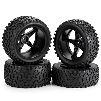 4Pack 12mm Hex Wheel 5 Spoke Rims High Grip Rubber Tires Front Rear Tyres for 1/10 RC Off-Road Buggy Car (Black)