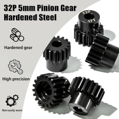 5Pcs 32P Hardened Steel Pinion Gear Set 5mm Shaft 16T 17T 18T 19T 20T Motor Pinion Gear with M4 Screw and Hex Key, for Arrma HPI Kyosho Losi Axial Traxxas Tamiya 1/10 RC Car and 540/550 Motors - size: 32P-HSP-5mm-16-20T