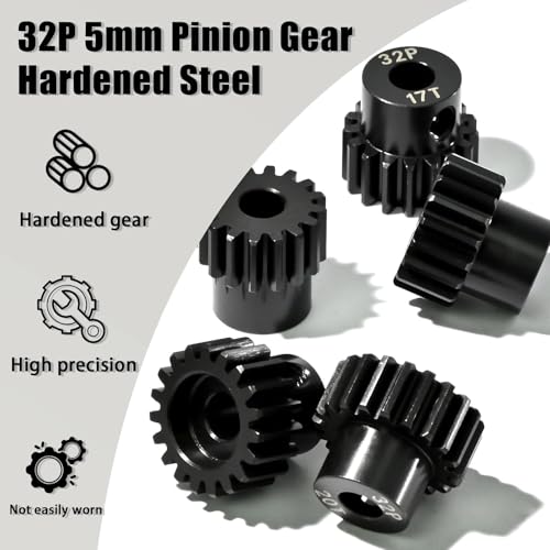 5Pcs 32P Hardened Steel Pinion Gear Set 5mm Shaft 16T 17T 18T 19T 20T Motor Pinion Gear with M4 Screw and Hex Key, for Arrma HPI Kyosho Losi Axial Traxxas Tamiya 1/10 RC Car and 540/550 Motors - size: 32P-HSP-5mm-16-20T