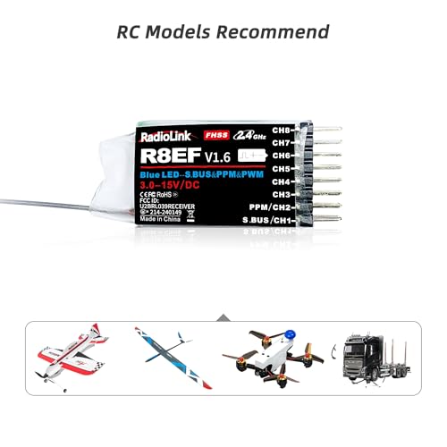 Radiolink R8EF 8 Channels 2.4GHz RC Receiver Long Range Control for T8FB | SBUS/PPM/PWM RX for RC Airplane Robots Car Bind with RC Transmitter T8FB/T8S/T12D/T16D/RC8X/RC8P/RC4GS V3/RC6GS V3