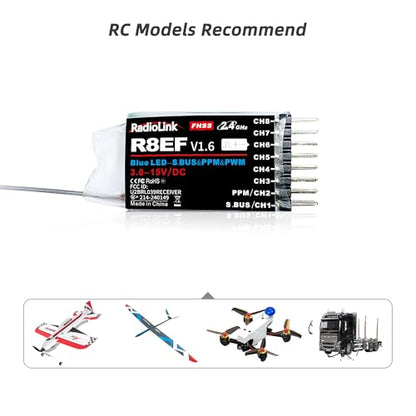 Radiolink R8EF 8 Channels 2.4GHz RC Receiver Long Range Control for T8FB | SBUS/PPM/PWM RX for RC Airplane Robots Car Bind with RC Transmitter T8FB/T8S/T12D/T16D/RC8X/RC8P/RC4GS V3/RC6GS V3