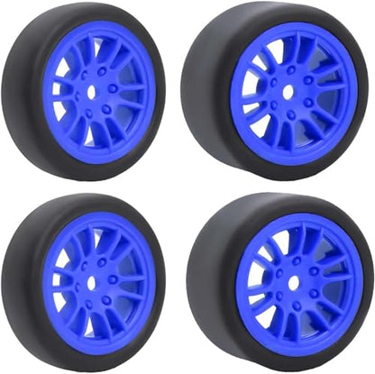 4PCS Pre-Glued On-Road Drift Racing Smooth Rubber Tires and Wheel Rims Set 7MM Hexagon for 1/24 Losi Micro-B RC Car Upgrades Parts (12Spoke-Blue) - color: 12spoke-blue