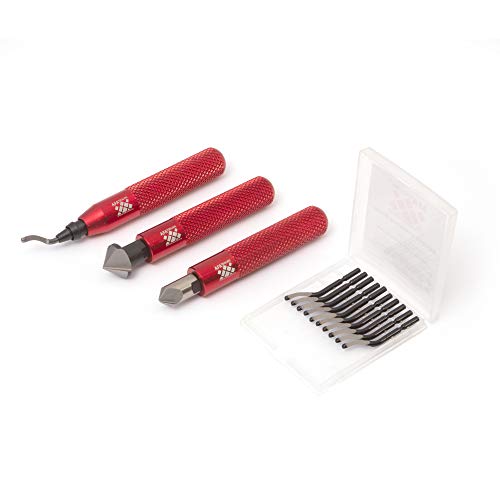 AFA Tooling Deburring Tool Set & 2 Countersink Hand Reamers, Red CNC Handle | 11 HSS blades with 360-degree rotation & 2 Countersink Hand Reamers make chamfers for 3D printing, metal, PVC, copper - style: 2 Reamers & Deburring Tool