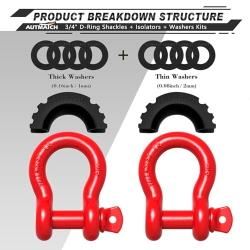 AUTMATCH D Ring Shackle 3/4" Shackles (2 Pack) 41,887Ibs Break Strength - Clevis Shackles with 7/8" Screw Pin and Shackle Isolator Washers Kit for Tow Strap Winch Off Road Vehicle Recovery, Red - color: Red
