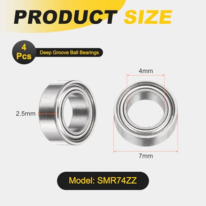 uxcell 4Pcs SMR74ZZ Deep Groove Ball Bearings, 4x7x2.5mm 440C Stainless Steel Double Shielded Bearings, ABEC 5 - size: 4x7x2.5mm