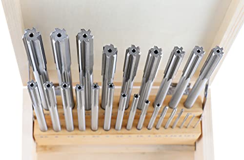 Accusize Industrial Tools 1-13 mm by 0.5 mm High-speed Steel Chucking Reamer Set in a Fitted Case, Set of 25 Pieces, 5500-SB00 | 25 Pc Set in Fitted Case, Straight Shank, Straight Flute, +0.0001 to +0.0005 in Tolerance, 5500-SB00