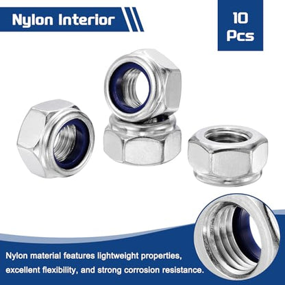 10Pcs Nylon Locking Hex Nuts - [M12 x 1.5mm], 304 Stainless Steel Hardware Nuts, Silver, for Automotive, Aerospace, Industrial Applications Use - color: Silver, size: M12x1.5mm