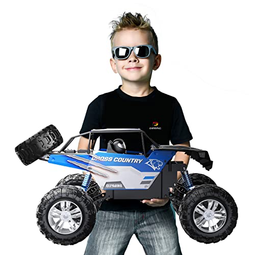 DEERC Large 1:8 Scale Monster Truck for Adults and Boys, Upgraded Remote Control Car with Realistic Sound, 4WD All Terrain RC Toy with 2 Batteries for 80 Minutes Play - color: Blue