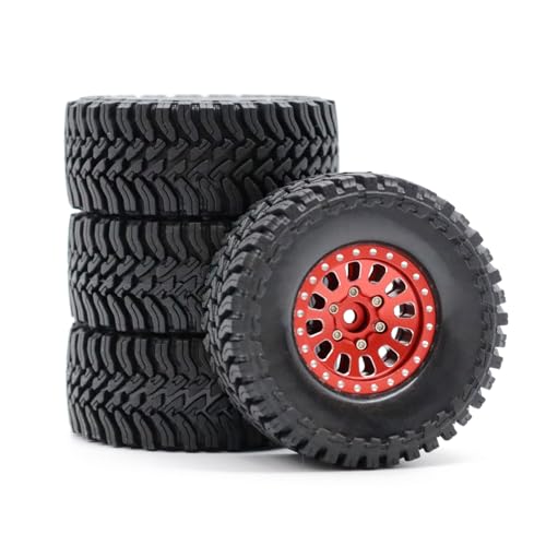 1.3” Brass Beadlock Wheels & All-Terrain Tires Set for 1/18 1/24 RC Crawler TRX4M, Axial SCX24 / AX24, Redcat Ascent-18, FMS FCX24, -5.40mm Offset, 7mm Hex, 4 pcs, Red - color: Red