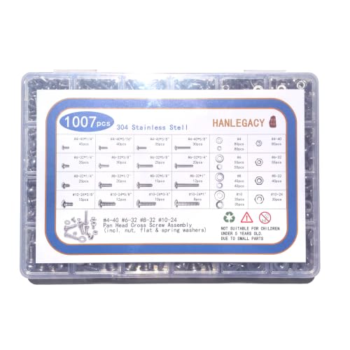 Machine Screw Assortment Kit 1007Pcs 304 Stainless Steel, #4-40#6-32#8-32#10-24 Phillips Pan Head Screws with Nuts, Flat & Spring Washers, Organized Storage Case for DIY Home Repair Automotive