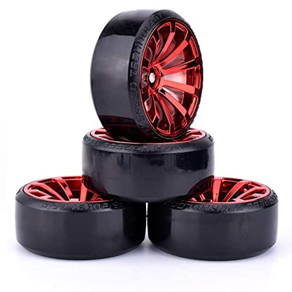 RC Plastic Wheel and Tire Set,WONFAST RC Drift Car 63mm Hard Tyres 12mm Hub Wheel for 1/10 On-Road Drifting Car Parts for HSP Tamiya HPI Kyosho TT02 (Red) - color: Red