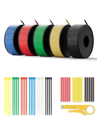 22 AWG Silicone Wire Kit 250FT, 22 Gauge Stranded Tinned Copper Wire Spool, 5 Colors 50FT Each,Flexible Electrical Wire for DIY, Automotive, LED, Arduino, Battery Projects - size: 22AWG-50FTx5