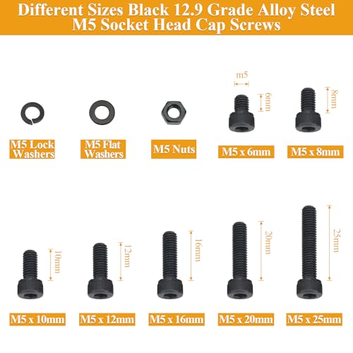 245 Pieces M5 Screws Nuts Washers Set Black, Sutemribor M5 x 6/8/10/12/16/20/25mm Hex Socket Head Cap Screws Nuts Washers Assortment Kit, 12.9 Grade Alloy Steel, Fully Threaded - size: M5, style: Socket Head