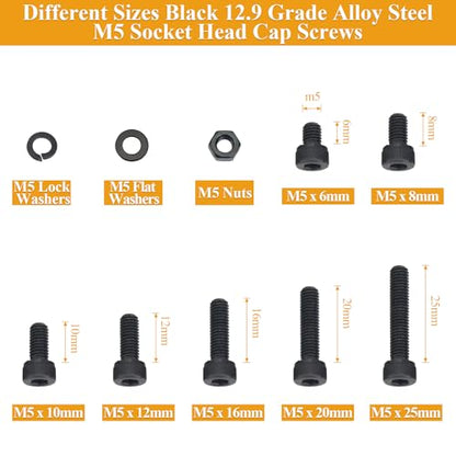 245 Pieces M5 Screws Nuts Washers Set Black, Sutemribor M5 x 6/8/10/12/16/20/25mm Hex Socket Head Cap Screws Nuts Washers Assortment Kit, 12.9 Grade Alloy Steel, Fully Threaded - size: M5, style: Socket Head