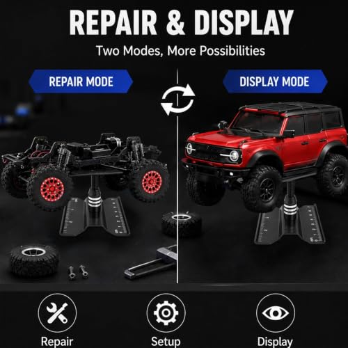 RC Car Repair Stand for 1/18 1/24 RC Cars, Aluminum Rotating Lift | Aluminum alloy, 360 degree rotating lift with magnetic pad, scale ruler, shock holes and anti-slip feet - color: Black