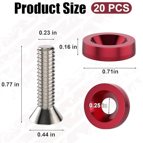 20 PCS Engine Dress Up Kit, CNC Finishing Fender Bumper Washers (Red) | M6 Aluminum Engine Bay Dress Up Kit, Fender Bolts for Trunk License Plate Frame - color: 20 pcs Red