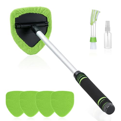 7 PCS Windshield Cleaning Tool, 19" Windshield Cleaner Kit with Extendable Handle, Microfiber Towel Pads, Brush, Empty Spray Bottle for Auto Glass Interior (Green)