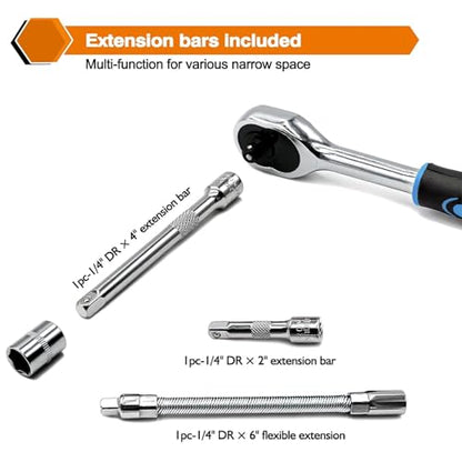 Egofine 46 Pieces 1/4 inch Drive Socket Ratchet Wrench Set, with Bit Socket Set Metric and Extension Bar for Auto Repairing and Household, with Blue Storage Case - style: 1/4" 46 PCS-Blue