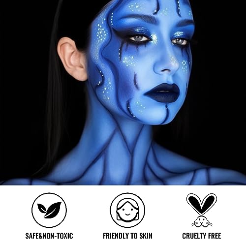 White Black Blue Face Paint + 3PC Sponge + Brush Body Paint Set, Eye Black for Baseball Softball Sport Games, Face Painting Kit for Halloween Makeup, Cosplay, Costume, SFX Makeup, Theme Parties - color: AVATAR