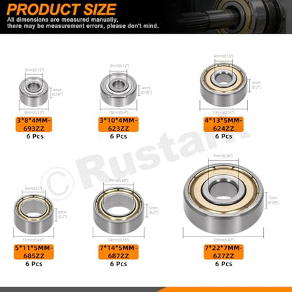 36Pcs 6 Sizes Bearing Steel Ball Bearing Deep Groove Ball Bearing Double Shielded Bearings Small Bearings for Furniture Wheels Skateboards Scooters - size: 36pcs/6sizes, style: bearing steel