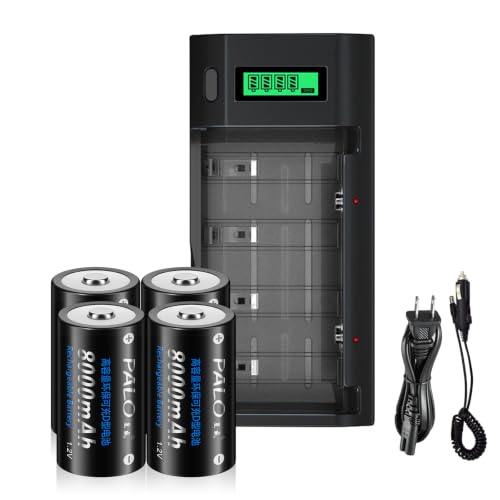 4 Counts Rechargeable D Batteries with Charger for AA/AAA/C/D/9V Battery | Universal Charger for Ni-MH/Ni-CD Battery, High Capacity&Low Self-discharge Cell, AC Power Code Cable&Car Adapter