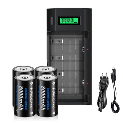 4 Counts Rechargeable D Batteries with Charger for AA/AAA/C/D/9V Battery | Universal Charger for Ni-MH/Ni-CD Battery, High Capacity&Low Self-discharge Cell, AC Power Code Cable&Car Adapter