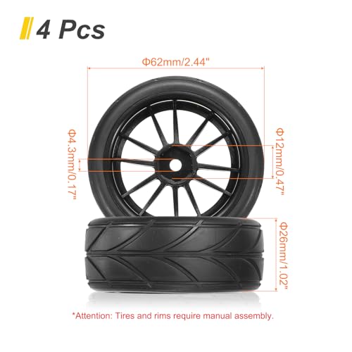 uxcell 4-Pair High-Grip RC Car Tire & Wheel Set for 1/10 Scale On-Road Touring Cars - Soft Rubber Tyres with 12mm Hubs, Black, Type A